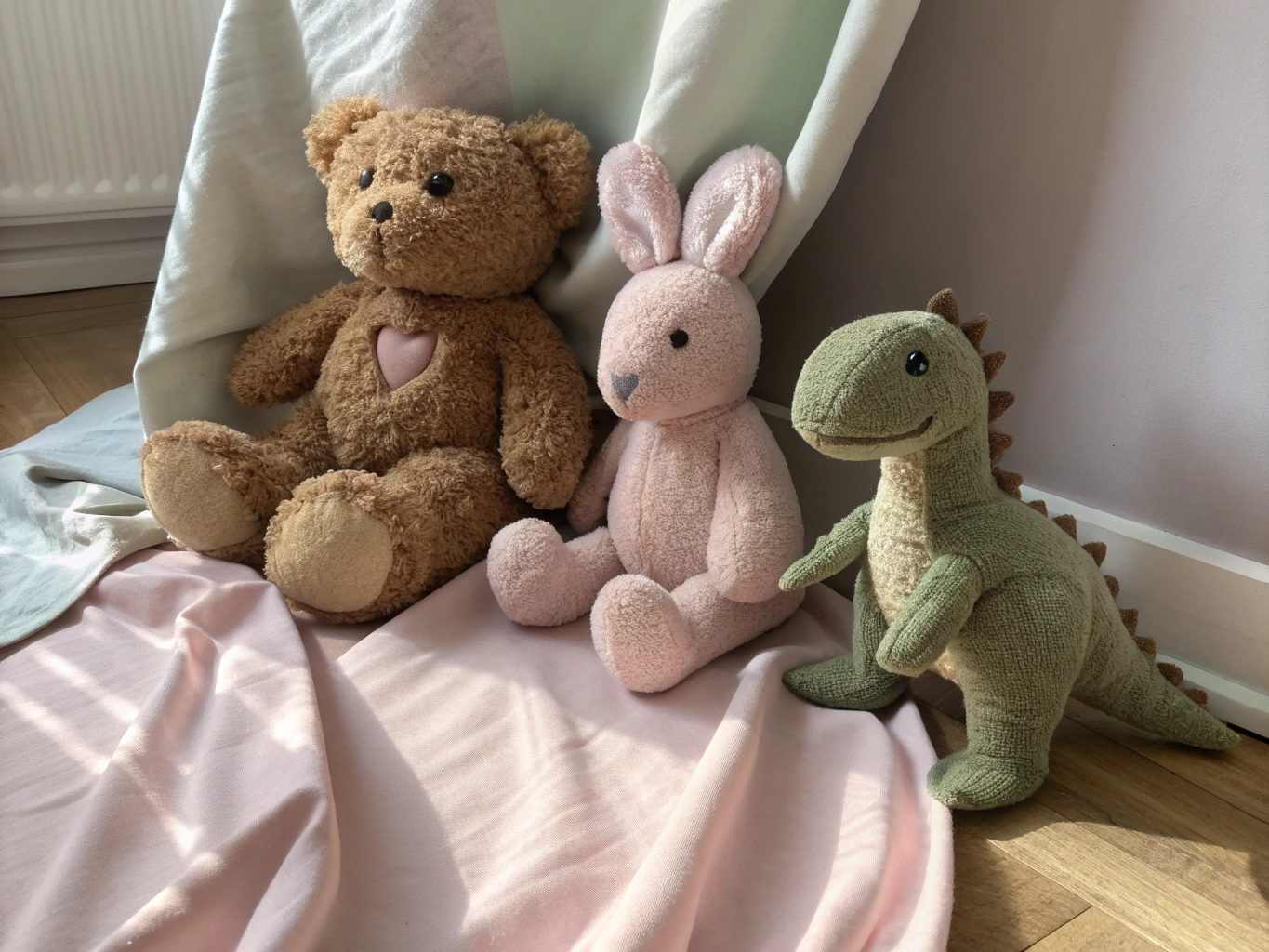 Stack of soft handcrafted plush teddy bears in a warm sunlit nursery setting