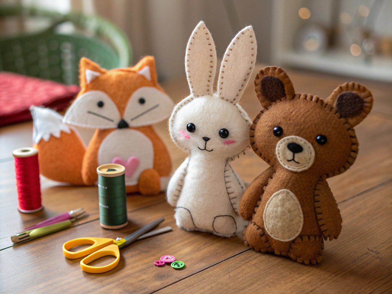 Embroidered woodland forest fawn plush toy on a warm wooden nursery shelf