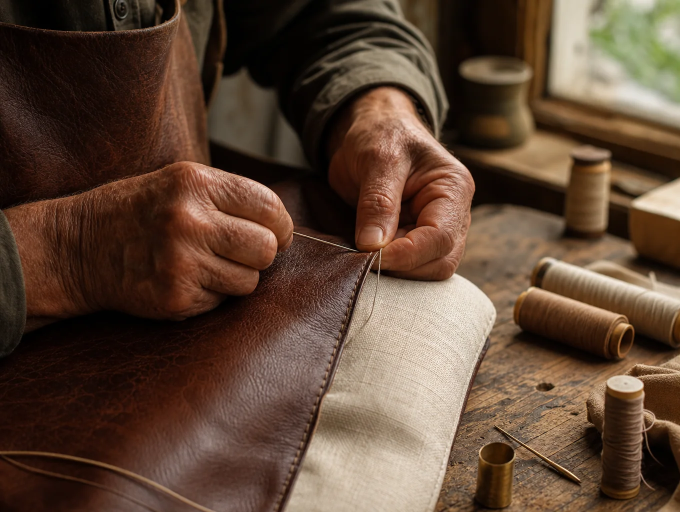 Artisan hands carefully hand-stitching a soft plush toy with needle and thread
