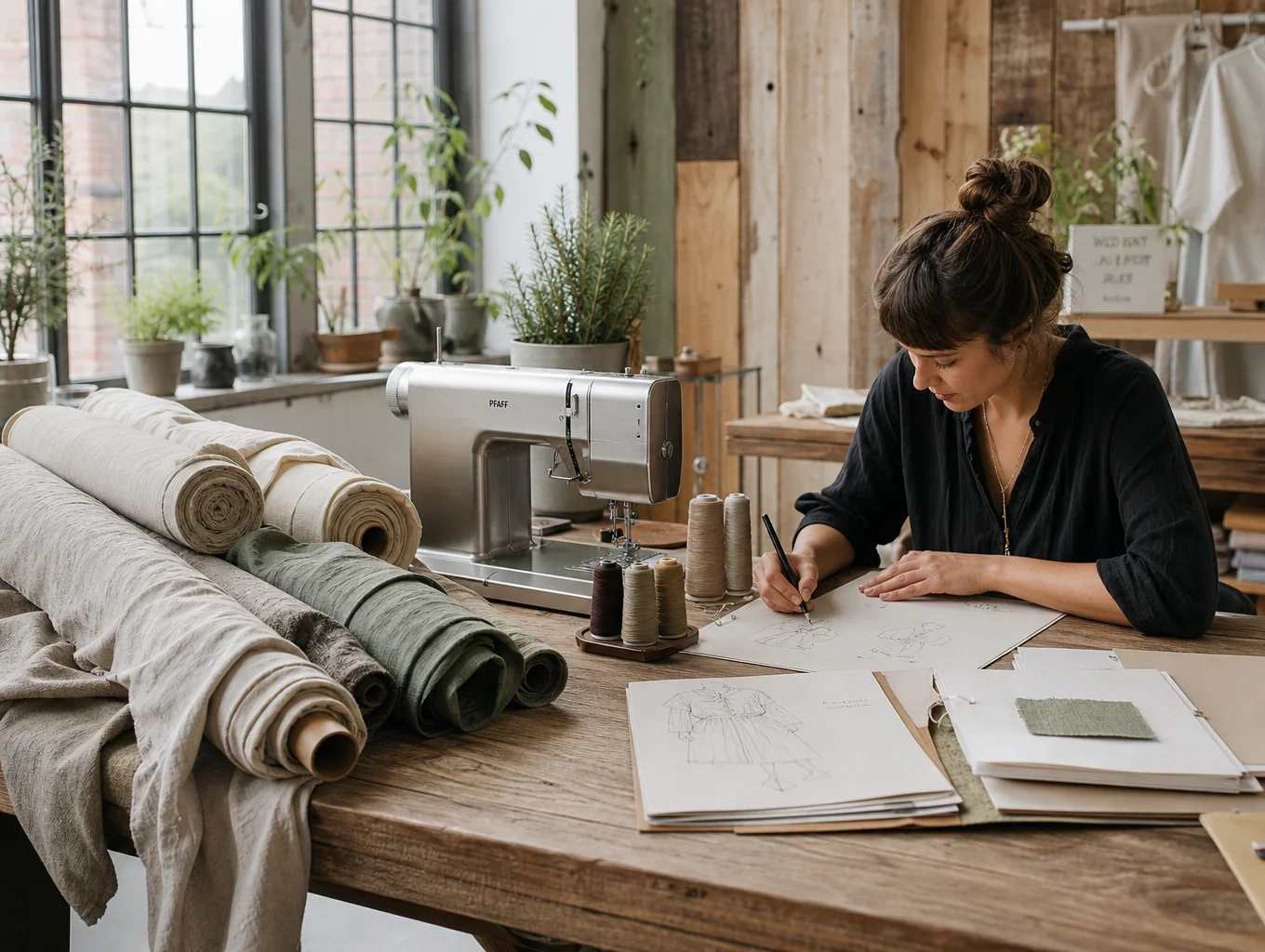 Designers inspecting soft plush bear prototypes and natural fabric swatches in a warm wooden workshop